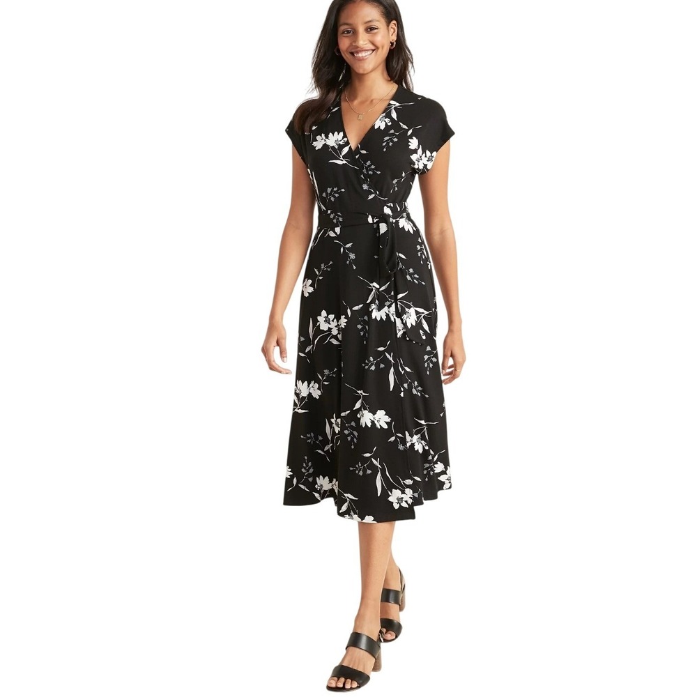 Old Navy Womens Black Floral Dolman Surplice Wrap Midi Dress Large NWT